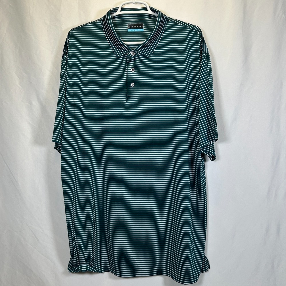 PGA Golf Polo Shirt Mens XXL Strip Blue Green Short Sleeve Polyester Lightweight